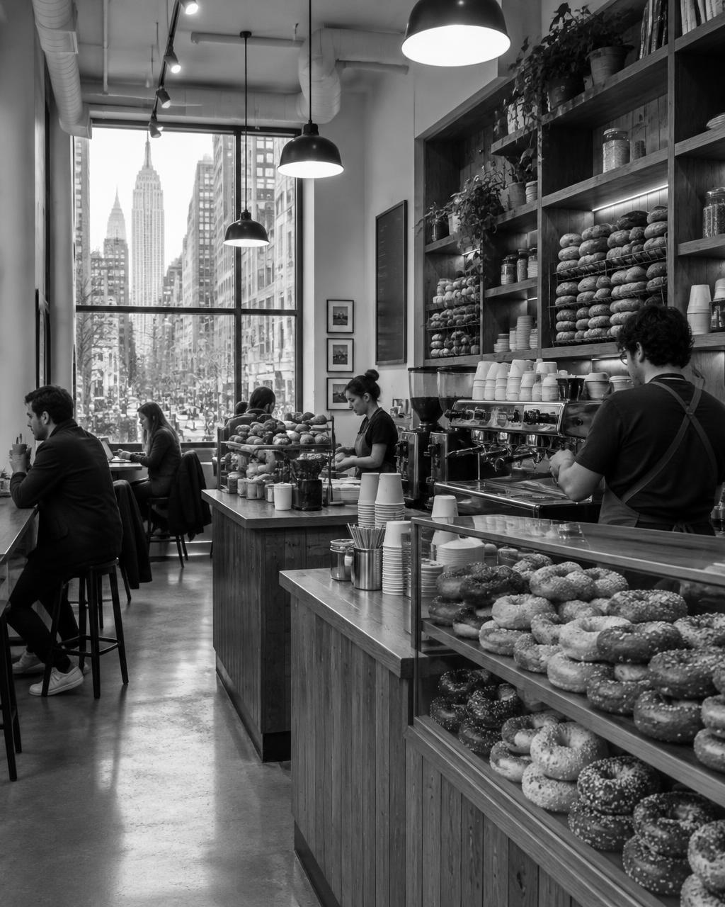 A busy Midtown bagel and espresso counter